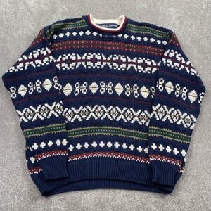American Portrait Fair Isle Sweater Mens Large Navy Blue Cotton Vintage 90s USA
